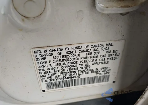 2004 Honda Pilot Ex-L from USA, damaged, VIN 2HKYF18544H543013